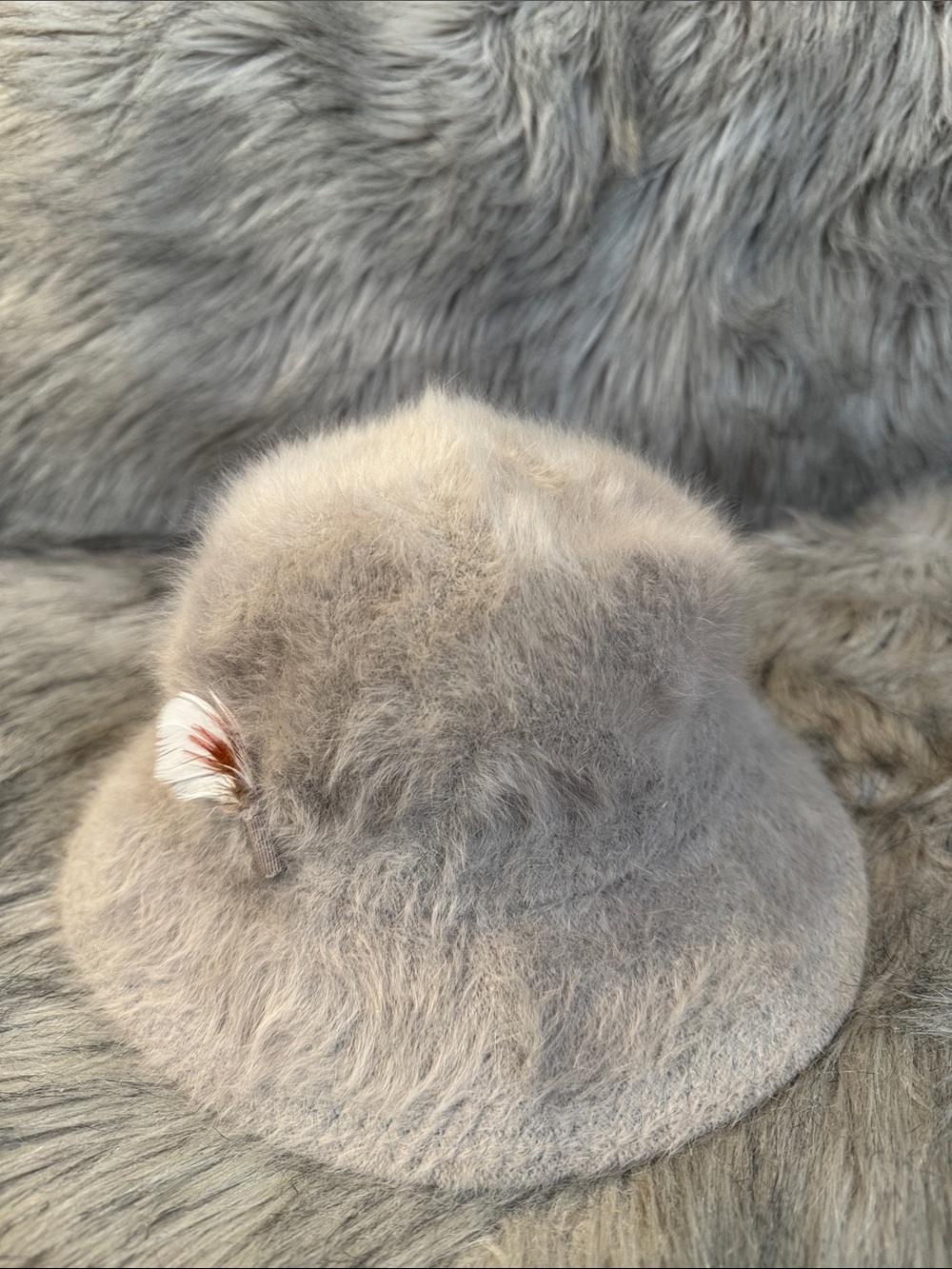 Kangol Kids Faux Fur Bucket Hat with Feather Accent - Light Taupe
